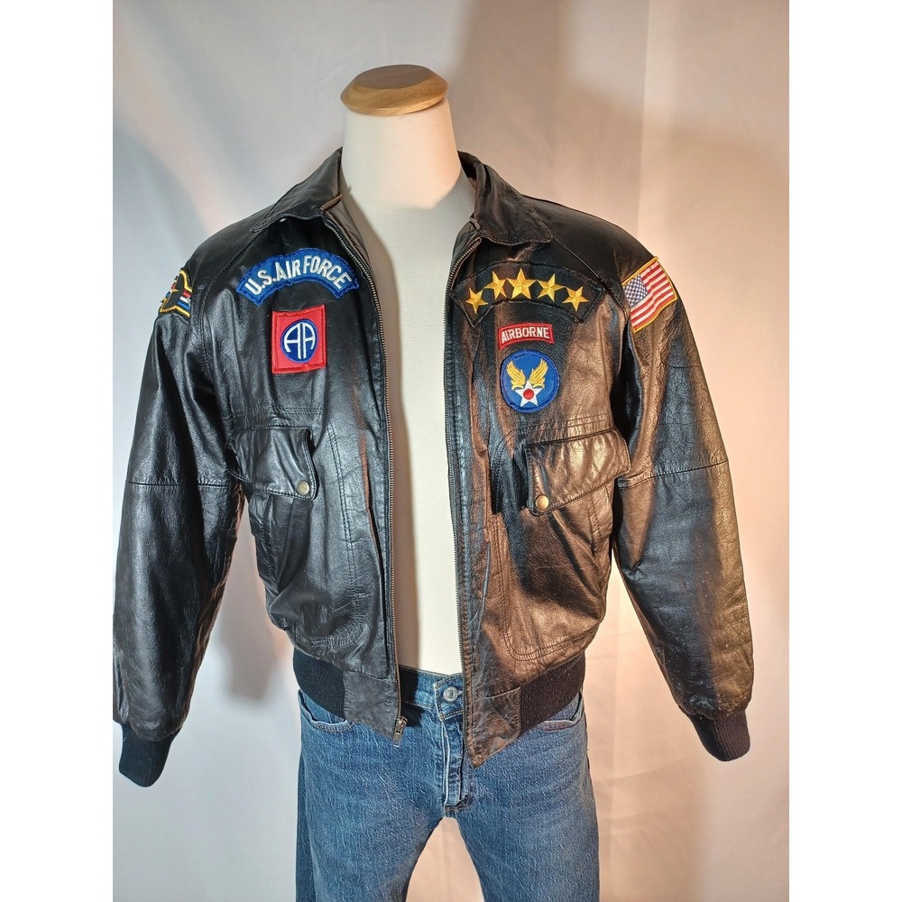 Vintage Porsha By Winner Jacket Mens 40 Black Leather Flight Bomber USAF Patches